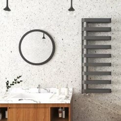 Promo 🧨 Milan Curved Anthracite 1300 x 500 Designer Flat Panel Heated Towel Rail - 9 Sections 🎁 -Ladder Towel Radiators Sales MCTR135A1 d2 460